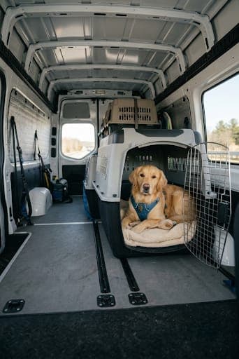 A golden retriever wearing a travel harness, resting calmly in an open crate secured inside a Heritage Pet Transport vehicle